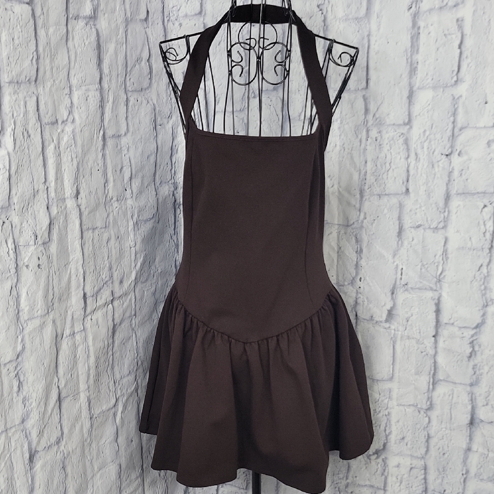 21 Saints Elegant Brown Halter Mini Dress‎ With Flared Skirt Large NWT